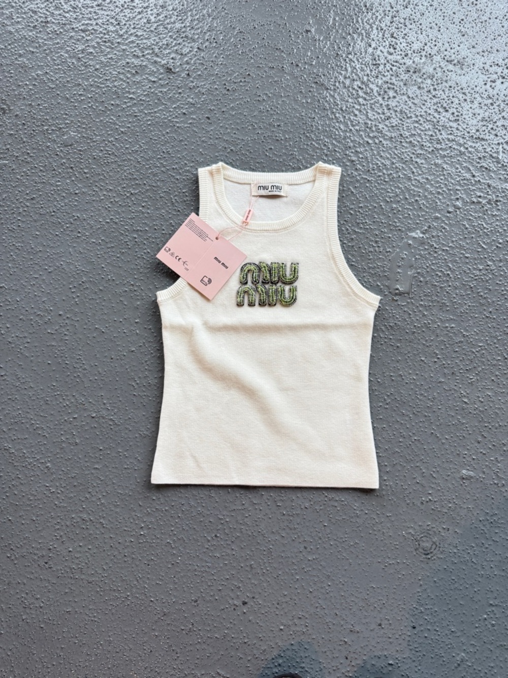 Miu Miu Cream Knit Tank with Green Embroidered Logo